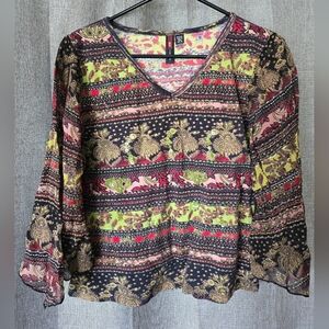 Vtg Y2k Tease Floral Striped Fairy Top Sz M Flared Sheer Wizard Sleeve Beaded